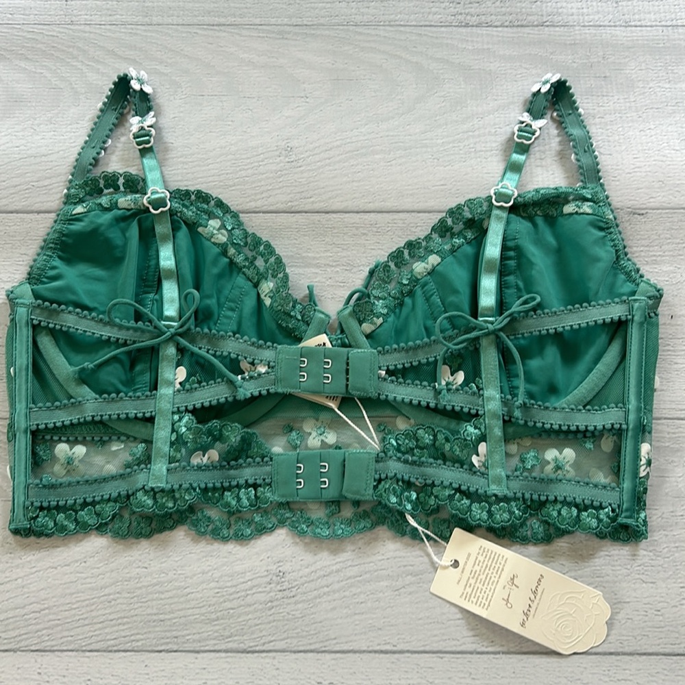 For Love & Lemons Daisy Embroidered Longline Bra Jade Teal White Size 38C - Picture 7 of 12